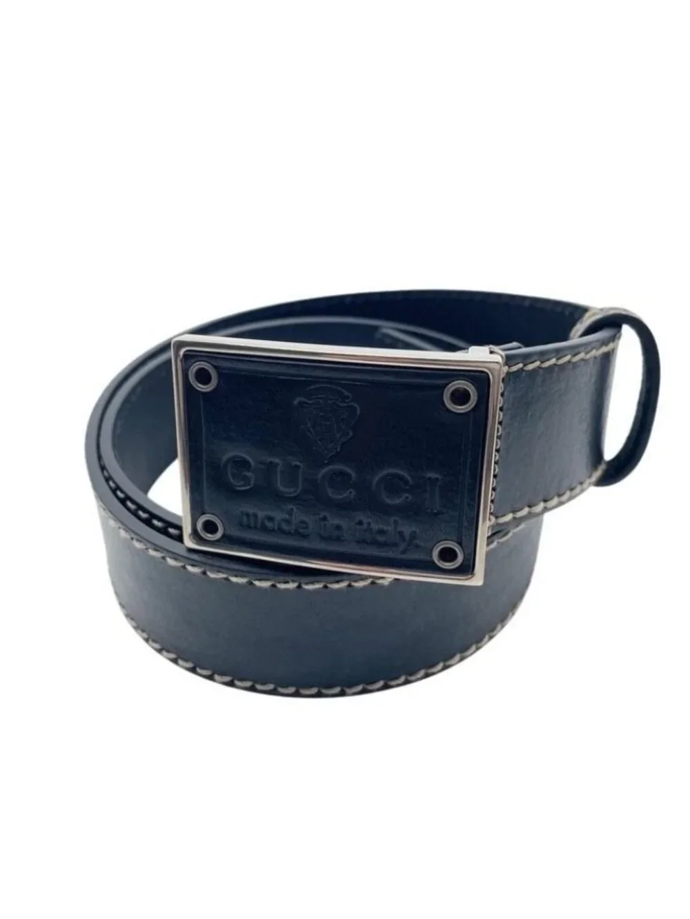 Gucci Belt Crest Plate Black Leather Silver 85